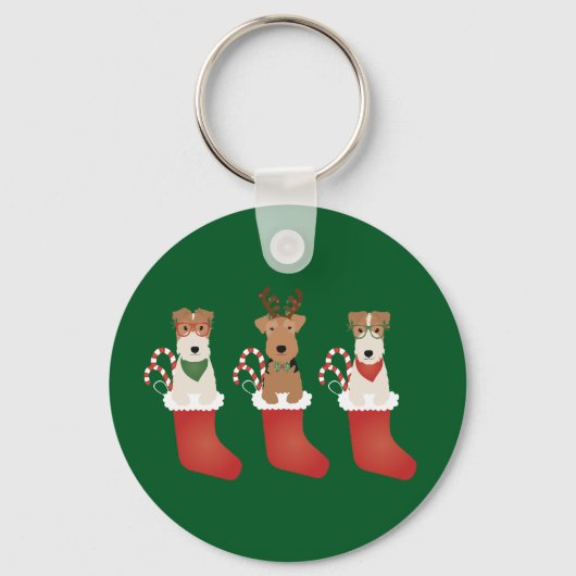 Welsh Wire Fox Terrier Dogs Kerstmis Sleutelhanger (Voorkant)