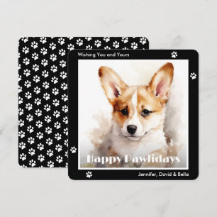 Welshe Corgi Hond Zwarte Waterverf Kerstmis Feestdagenkaart