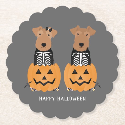 Welshe Terrier Halloween Skelet Kartonnen Onderzetters (Voorkant)