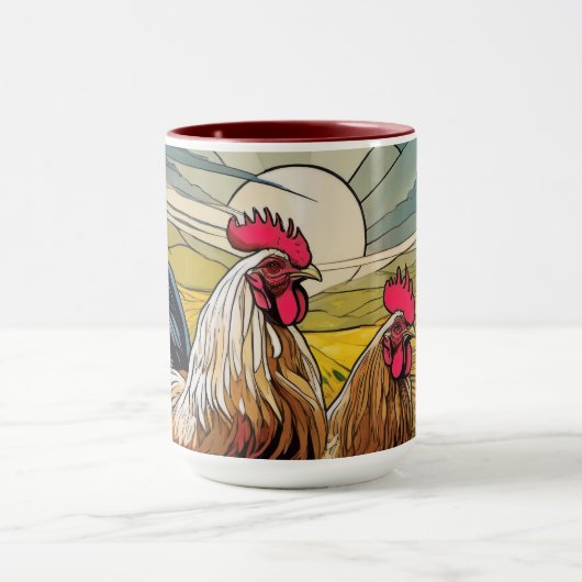 Welsummer Roosters bij Dawn Floral Mok (Midden)