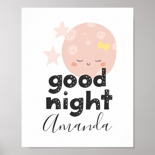 Welterusten. Cute roze maan. Keukenmeisje Poster (Voorkant)