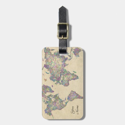 Weltkarte | Buntes Gekritzel Bagagelabel (Voorkant verticaal)