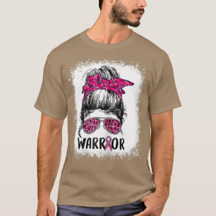 Wemens Breast Cancer Warrior Messy Bun Leopard Ble T-shirt