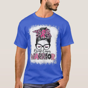 Wemens Breast Cancer Warrior Messy Bun Leopard Ble T-shirt