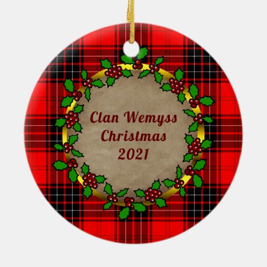 Wemyss Clan Badge & Tartan Gepersonaliseerde Kerst Keramisch Ornament (Achterkant)