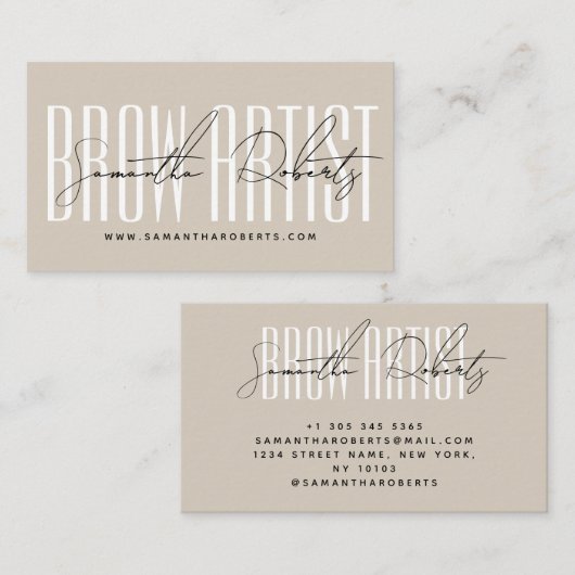 Wenkbrauw artiest moderne typografie script beige visitekaartje (Voorkant / Achterkant)