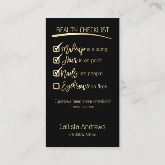 Wenkbrauw Goud Zwarte Schoonheid Checklist Zakelij Afsprakenkaartje (Voorkant)