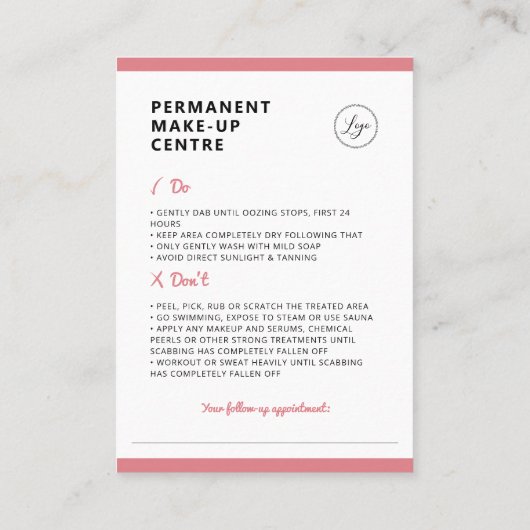 Wenkbrauw permanente make-up nazorg instructies visitekaartje (Achterkant)