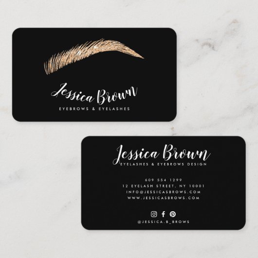 Wenkbrauwwimpers roos gouden glitter naam glam zwa visitekaartje (Voorkant / Achterkant)