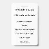 "Wenn ich Hilfe brauche:" Ausweis Badge (Achterkant)