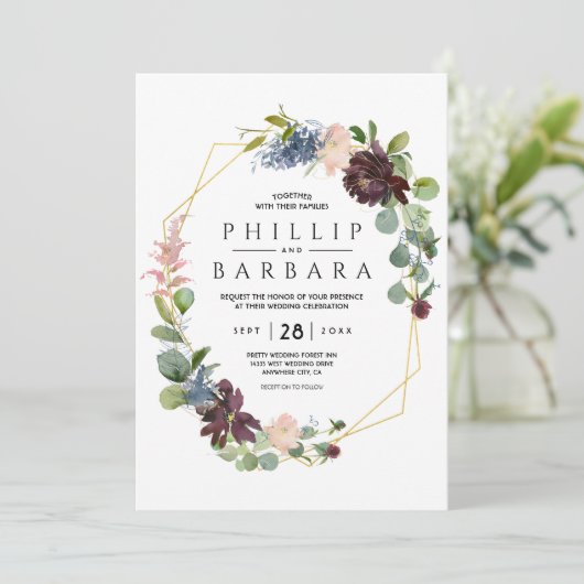 Wens Bordo Blauwe Aquarel Bloemen Kaart (Staand voorkant)