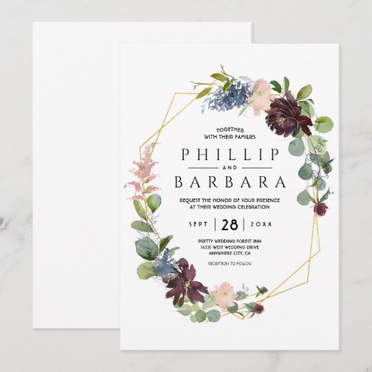 Wens Bordo Blauwe Aquarel Bloemen Kaart (Voorkant / Achterkant)