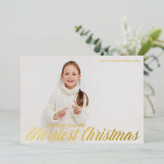 Wens je de vrolijkste kerst Chic Photo Gold Folie Feestdagenkaart (Staand Voorkant)
