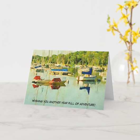 Wens je een ander jaar vol avontuur zeilboten kaart (Gele Bloem)