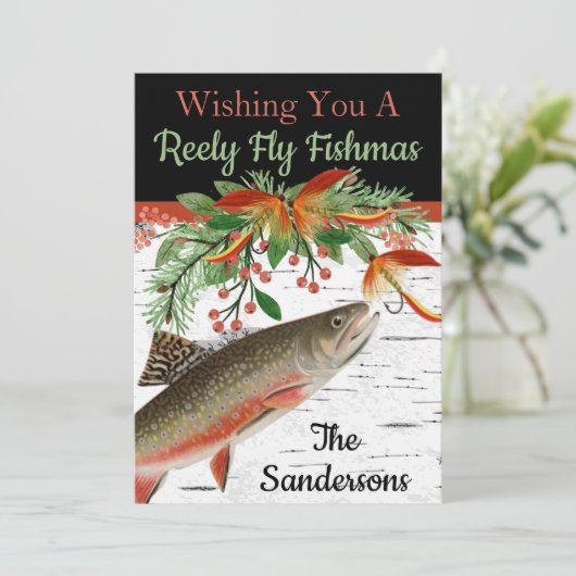 Wens je een Reely Fly Fishmas, platte kerstkaart (Staand voorkant)