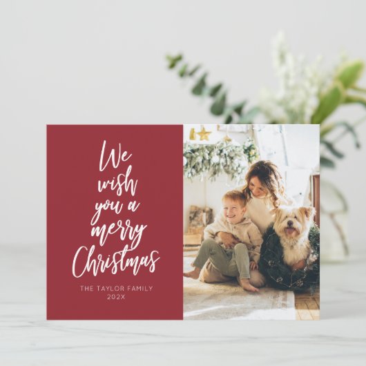 Wens je een vrolijke kerst rode foto vakantie Kaar Feestdagenkaart (Staand voorkant)