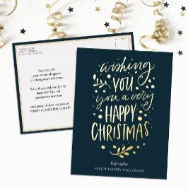 Wens je Vrolijk Kerstmis Blauw Goud Script Busines Folie Feestdagen Briefkaart