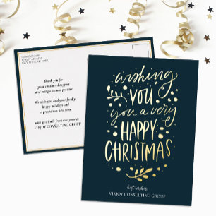 Wens je Vrolijk Kerstmis Blauw Goud Script Busines Folie Feestdagen Briefkaart