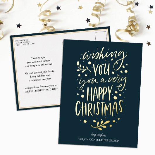 Wens je Vrolijk Kerstmis Blauw Goud Script Busines Folie Feestdagen Briefkaart