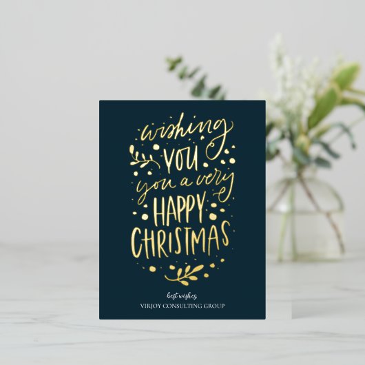 Wens je Vrolijk Kerstmis Blauw Goud Script Busines Folie Feestdagen Briefkaart (Staand Voorkant)