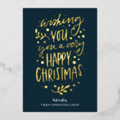 Wens je Vrolijk Kerstmis Blauw Goud Script Busines Folie Feestdagenkaart (Voorkant)