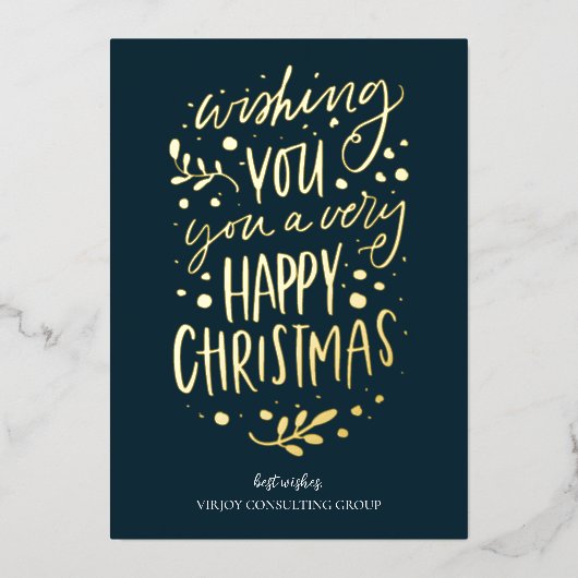 Wens je Vrolijk Kerstmis Blauw Goud Script Busines Folie Feestdagenkaart (Voorkant)