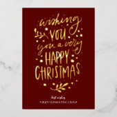 Wens je Vrolijk Kerstmis Red Gold Script Business Folie Feestdagenkaart (Voorkant)