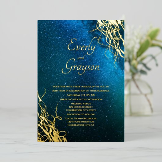 Wens op een Star Fairytale Blue & Gold Wedding Folie Uitnodiging (Staand Voorkant)