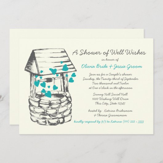 Wensen goed koppels douche turquoise harten kaart (Voorkant / Achterkant)