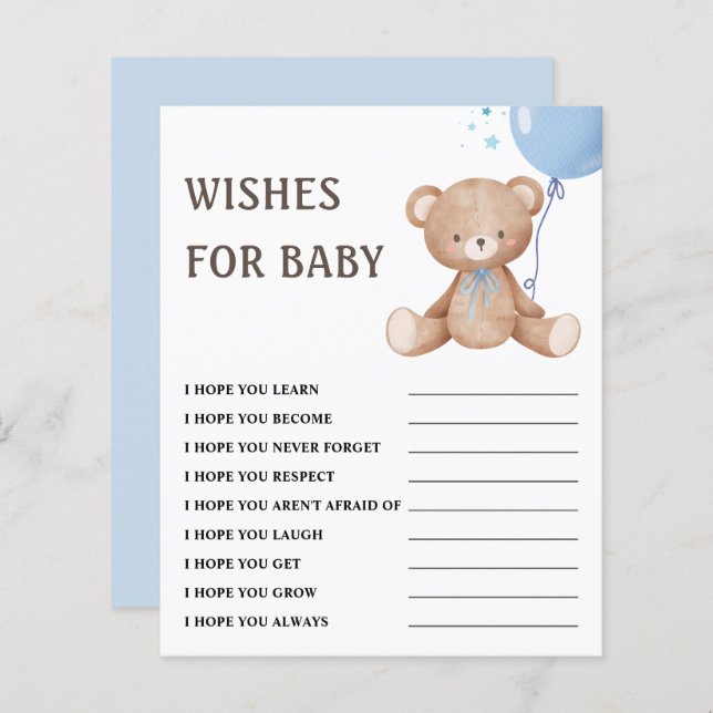 Wensen voor Baby | Teddy Bear Boy Baby shower Spel (Voorkant / Achterkant)