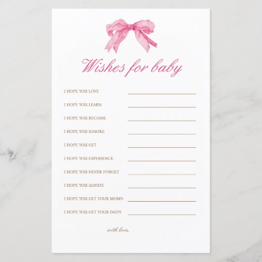 Wensen voor babyfeest met roze strik voor baby adv (Voorkant)