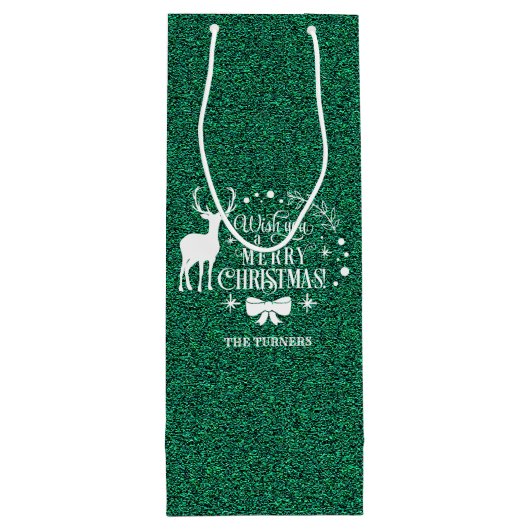 Wensende u Vrolijk Kerst Groene Glitter Monogram Wijn Cadeautas (Achterkant)