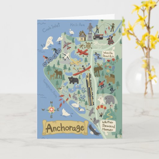 Wenskaart Anchorage Map Kaart (Gele Bloem)