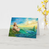 Wenskaart fantasie zeemeermin bij zonsondergang kaart (Gele Bloem)