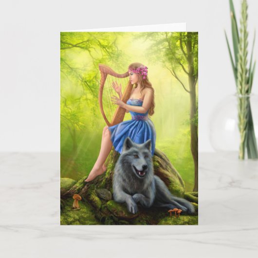 Wenskaart, Fantasy girl fee en vriend wolf Kaart (Voorkant)