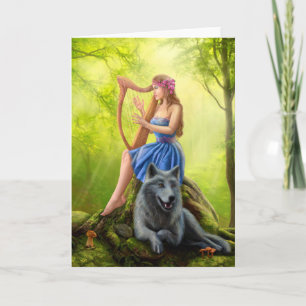 Wenskaart, Fantasy girl fee en vriend wolf Kaart