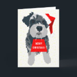 Wenskaart kerstmis Schnauzer Dog Santa Hat Feestdagen Kaart<br><div class="desc">Miniatuur Schnauzer met een kersthoed en een cadeautas met de woorden 'Merry Kerstmis'. Kute,  leuke en eenvoudige kerstontwerpen. Kleine sneeuwvlokken op de achtergrond. Eigen kerstwens aan de binnenkant. Grijs,  rood en wit.</div>