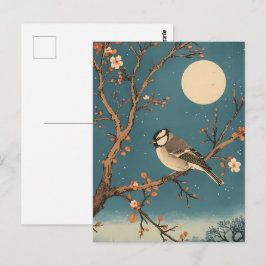 Wenskaart Maanverlichte vogel op bloesemtak Briefkaart