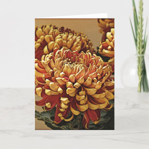Wenskaart met gouden en rode chrysanthemum kaart