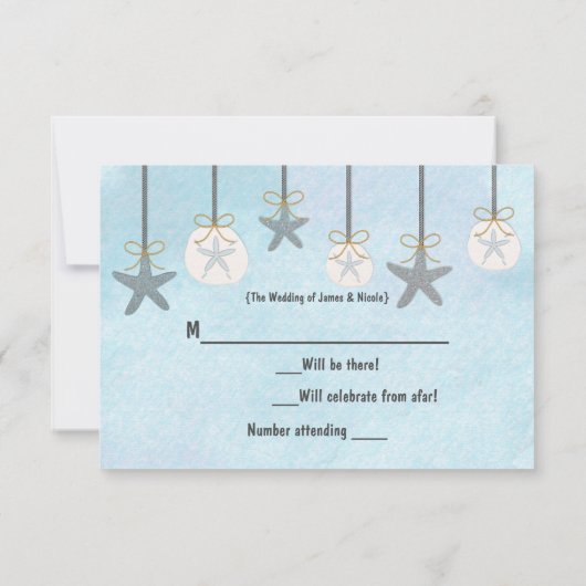 Wenskaart met hangende zeester en zanddollar stran kaart (Achterkant)