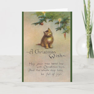 Wenskaart met kat en kerstbomen feestdagen kaart