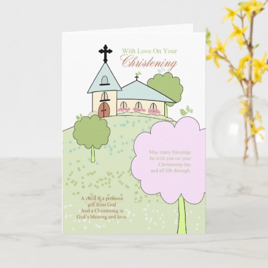 wenskaart met kleine kerkscène kaart (Gele Bloem)