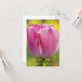 Wenskaart met lentroze tulp kaart (Voorkant / Achterkant in situ)