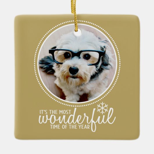 Wenskaart met prettige kerstfoto's Gold Keramisch Ornament (Voorkant)