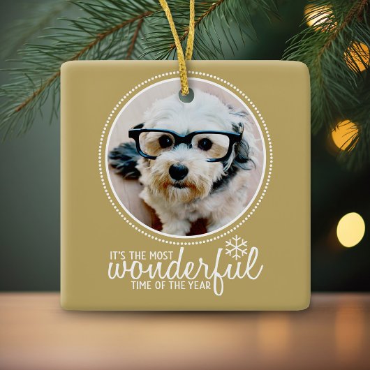 Wenskaart met prettige kerstfoto's Gold Keramisch Ornament