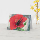 wenskaart met vlinder op rode bloem kaart (Gele Bloem)