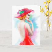 Wenskaart mooie vrouw in rood pet kaart (Gele Bloem)