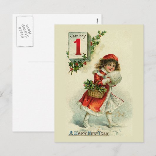 wenskaart "Nieuwjaarsmeisje" Feestdagenkaart (Voorkant / Achterkant)