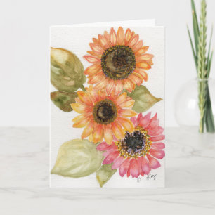 Wenskaart - Roze en Oranje Zonnebloemen Kaart