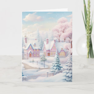 Wenskaart Roze en Snowy Village Vakantie Kaart